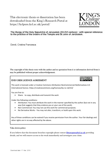 آئین مقدس قبر مقدس اورشلیم (قرن XII - XVI): با استناد ویژه به تمرینات سفارشات معبد و سنت جان بیت المقدس