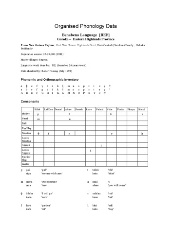 ﻿داده های واج شناسی سازمان یافته زبان بنابنا [BEF]. گوروکا - استان ارتفاعات شرقی
