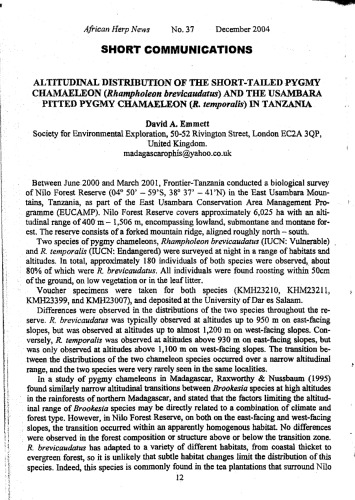 توزیع ارتفاعی از Pygmy Chamaeleon با دم کوتاه (Rhampholeon brevicaudatus) و Usambara Pitted Pygmy Chamaeleon (R. temporalis) در تانزانیا