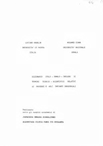 ﻿فرهنگ لغت ایتالیایی-سومالی-انگلیسی اصطلاحات فنی-علمی مربوط به فرآیندها و گیاهان صنعتی