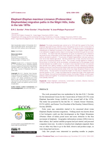 ﻿مسیرهای مهاجرت فیل Elephas maximus Linnaeus (Proboscidea: Elephantidae) در تپه های نیلگیری، هند در اواخر دهه 1970