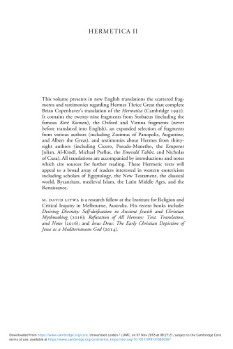 ﻿Hermetica II: گزیده‌هایی از Stobaeus، قطعات پاپیروس و شهادت‌های باستانی در ترجمه انگلیسی با یادداشت‌ها و مقدمه