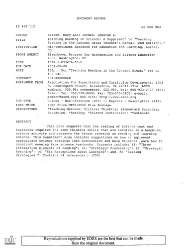 ﻿آموزش خواندن در علوم: مکملی برای آموزش خواندن در حوزه های محتوا کتابچه راهنمای معلم