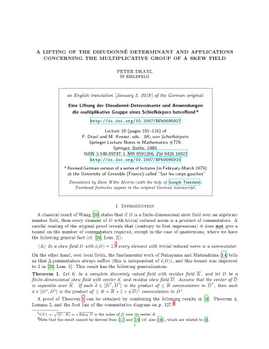 ﻿برداشتن دترمینان Dieudonné و کاربردهای مربوط به گروه ضربی یک میدان کج