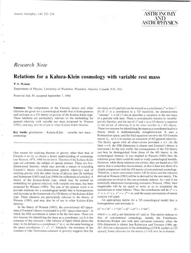 ﻿روابط برای کیهان شناسی کالوزا-کلین با جرم استراحت متغیر