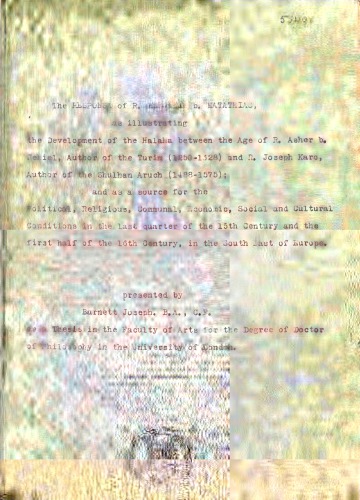 ﻿پاسخ R. Benjamin b. Matathias، به عنوان نشان دهنده توسعه هالاها بین عصر R. Asher b. جیهیل، نویسنده توریم (1250-1328) و R. Joseph Karo، نویسنده شولهان آروخ (1488-1575); و به عنوان منبعی برای شرایط سیاسی، مذهبی، جمعی، اقتصادی، اجتماعی و فرهنگی در ربع پایانی قرن پانزدهم و نیمه اول قرن شانزدهم، در جنوب شرقی اروپا