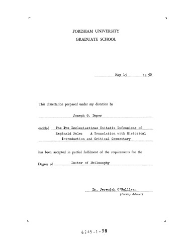 ﻿Pro Ecclesiasticae Unitatais Defensione of Reginald Pole: ترجمه ای با مقدمه تاریخی و تفسیر انتقادی