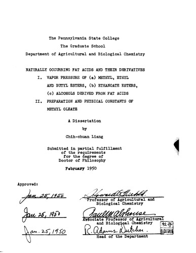 ﻿اسیدهای چرب طبیعی و مشتقات آنها. I. فشار بخار (A) استرهای متیل، اتیل و بوتیل، (ب) استرهای اتانوات، (C) الکل های مشتق شده از اسیدهای چرب. II. تهیه و ثابت های فیزیکی متیل اولئات