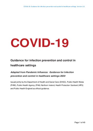 ﻿COVID-19: راهنمایی برای پیشگیری و کنترل عفونت در تنظیمات مراقبت های بهداشتی. نسخه 1.0