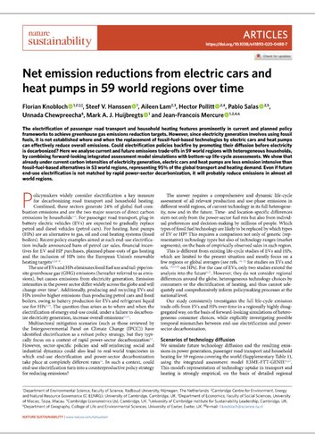 ﻿کاهش خالص انتشار گازهای گلخانه ای از خودروهای الکتریکی و پمپ های حرارتی در 59 منطقه جهان در طول زمان