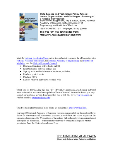 مشاوره سیاست های علمی و فناوری ایالتی: مسائل، فرصت ها و چالش ها: خلاصه یک نشست ملی