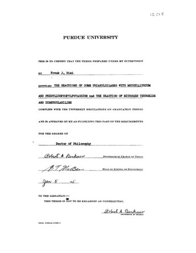 ﻿واکنش برخی از تریاریل سیلان ها با متیلیتیوم و فنیلیسوپروپیل پتاسیم و واکنش نیتروژن تتروکسید و دی متیلانیلین