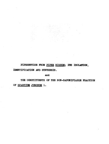 ﻿پیپرتین از Piper nigrum: جداسازی، شناسایی و سنتز آن، و اجزای تشکیل دهنده کسر غیر صابونی سازی Spartium junceum L.