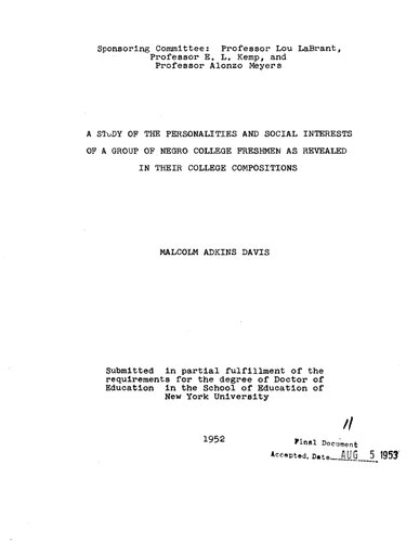 ﻿مطالعه شخصیت ها و علایق اجتماعی گروهی از دانشجویان تازه وارد کالج سیاه پوست همانطور که در ترکیبات کالج آنها آشکار شده است