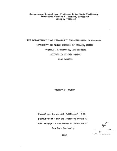 ﻿رابطه خصوصیات خصوصیات با منافع اندازه گیری شده زنان معلم زبان انگلیسی ، علوم اجتماعی ، ریاضیات و علوم فیزیکی در دبیرستانهای ارشد بزرگ