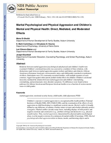 ﻿پرخاشگری روانی و جسمی زناشویی و سلامت روانی و جسمی کودکان: تأثیرات مستقیم، میانجی و تعدیل شده