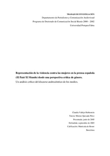 ﻿Microsoft Word - Thesis publishable.doc بازنمایی خشونت علیه زنان در مطبوعات اسپانیایی (El Pa￭s/ El Mundo) از دیدگاه جنسیتی انتقادی. تحلیل انتقادی گفتمان اندیشه محوری رسانه ها