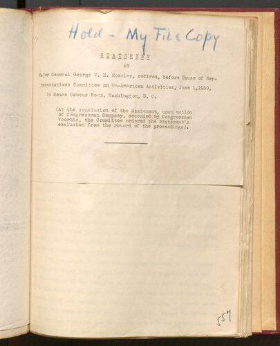 ﻿بیانیه سرلشکر جورج وی اچ موزلی، بازنشسته، در برابر کمیته فعالیت های غیر آمریکایی مجلس نمایندگان