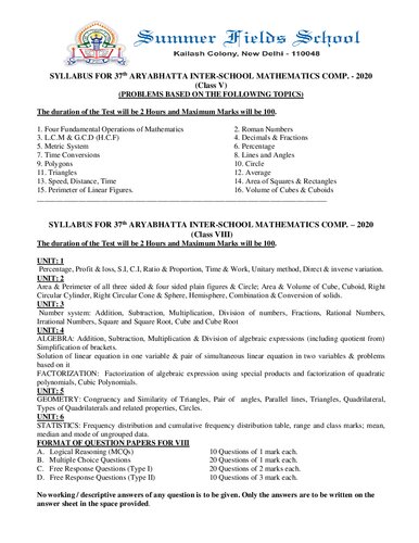 ﻿Aryabhatta Inter School ریاضیات مسابقه 1997 تا 2020 کلاس 8 VIII پرسش و پاسخ ترکیبی Summer Fields School Kailash Colony NewDelhi