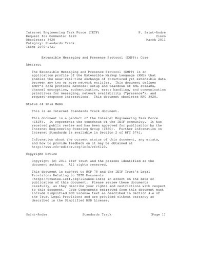 ﻿RFC 6120: پروتکل پیام رسانی و حضور قابل توسعه (XMPP): هسته