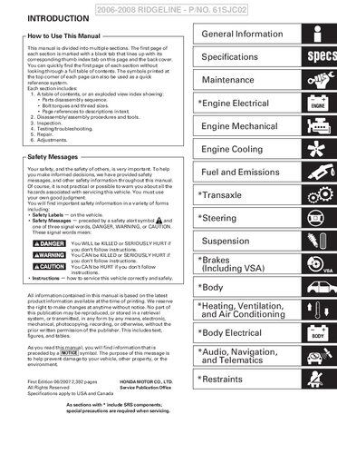 ﻿2006- 2008 Honda Ridgeline Service Manual P/NO SC-61SJC02