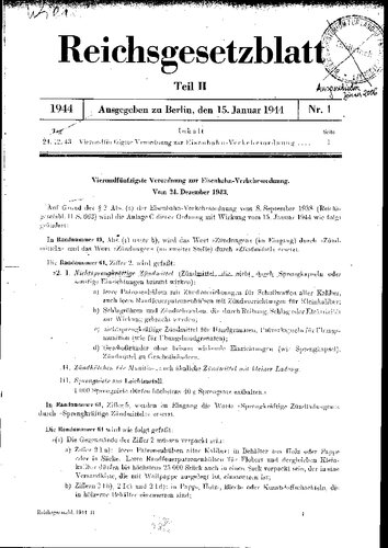 ﻿Reichsgesetzblatt - 1944 شماره 1 - قسمت دوم - منتشر شده در برلین در 15 ژانویه (76 صفحه، اسکن)