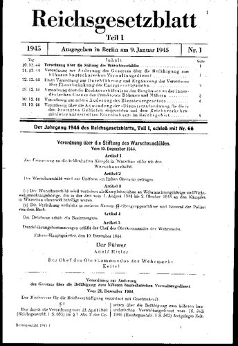 ﻿روزنامه قانون رایش - 1945 شماره 1 - قسمت اول - منتشر شده در برلین در 9 ژانویه (38 صفحه، اسکن)