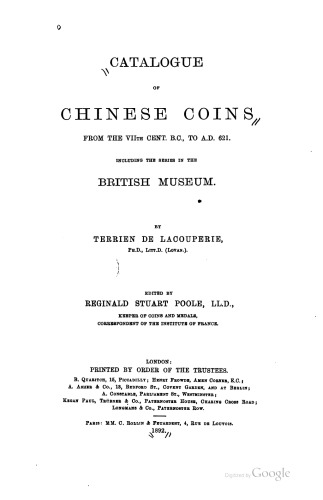 کاتالوگ سکه های چینی از قرن VIIth B.C. به A.D. 621. از جمله سری در موزه انگلیس