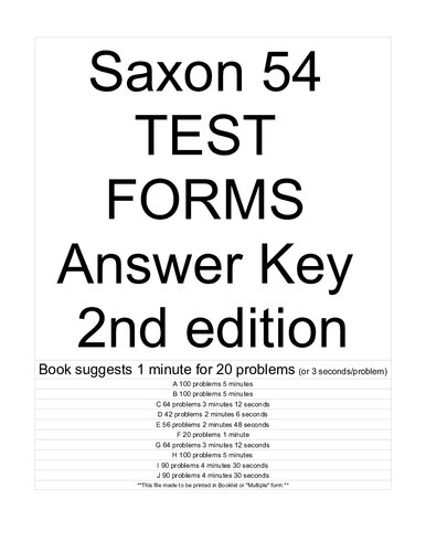 ﻿Saxon 54 TEST Forms Answer Key Edition 2nd