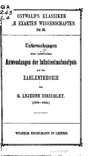 ﻿بررسی کاربردهای مختلف تحلیل بینهایت کوچک در نظریه اعداد (1839-1840)
