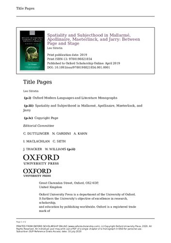 ﻿فضایی و موضوعیت در مالارمه، آپولینر، مترلینک و ژاری: بین صفحه و مرحله