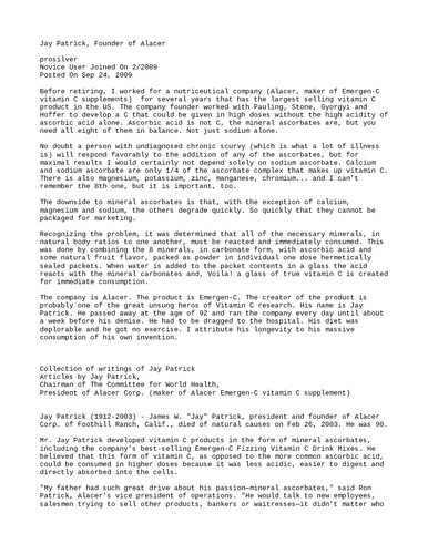 ﻿جی پاتریک (1912-2003)، بنیانگذار Alacer (Emergen-C) - مجموعه ای از نوشته ها در مورد ویتامین C و آسکوربات های معدنی