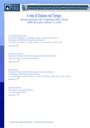 ﻿اسطوره دیدو در زمان. مجموعه مقالات سمینار 10 ژانویه 2007، Roma SSIS del Lazio، آدرس های LL و SU