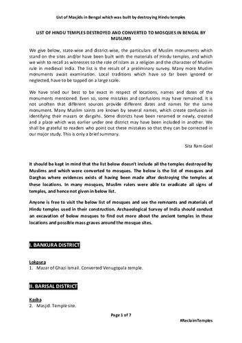 ﻿فهرست معابد هندو که توسط مسلمانان در بنگال تخریب شده و به مساجد تبدیل شده اند