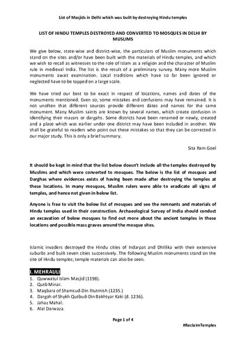 ﻿فهرست معابد هندو که توسط مسلمانان در دهلی تخریب شده و به مساجد تبدیل شده اند