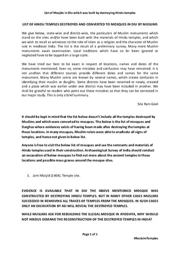 ﻿فهرست معابد هندو که توسط مسلمانان تخریب و به مساجد در دیو تبدیل شده اند