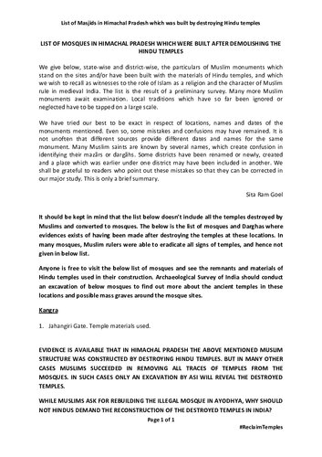 ﻿فهرست معابد هندو که توسط مسلمانان تخریب و به مساجد در هیماچال پرادش تبدیل شده اند