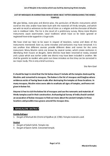 ﻿فهرست معابد هندو که توسط مسلمانان در کارناتاکا تخریب شده و به مساجد تبدیل شده اند