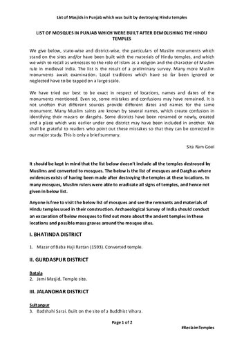 ﻿فهرست معابد هندو که توسط مسلمانان در پنجاب تخریب شده و به مساجد تبدیل شده اند