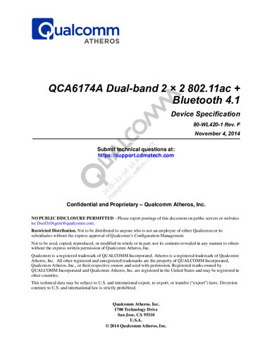 ﻿QCA6174A دو باند 2 × 2 802.11ac بلوتوث 4.1 مشخصات دستگاه