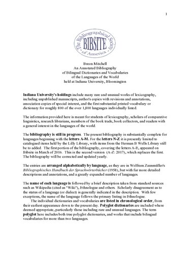 ﻿کتابشناسی مشروح از فرهنگ لغت ها و واژگان دوزبانه زبان های جهان که در دانشگاه ایندیانا، بلومینگتون برگزار شد