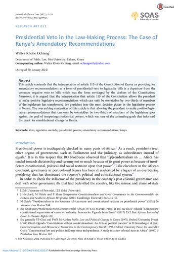 ﻿وتوی ریاست جمهوری در فرآیند قانون گذاری: مورد توصیه های اصلاحی کنیا