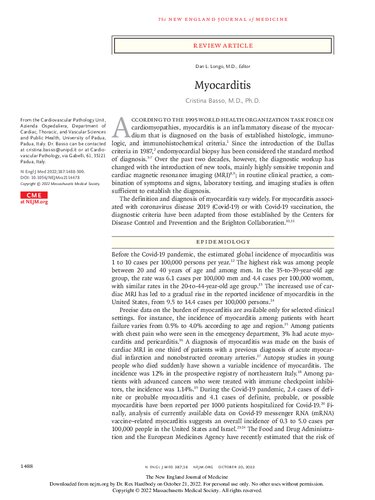 ﻿مجله پزشکی انگلستان جدید
میوکاردیت (20 اکتبر 2022 مجله پزشکی نیوانگلند) 10.1056/NEJMra2114478