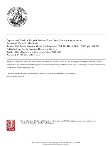 ﻿مجله تاریخی کارولینای جنوبی
کاپیتان و سرآشپز بریگاد ویلیام تیت: ماجراجوی کارولینای جنوبی