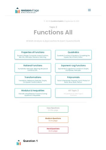 ﻿Revision village Math AA HL - توابع - بانک سوالات سختی آسان