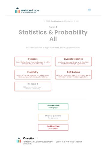 ﻿Revision village Math AA HL - آمار و احتمال - بانک سوالات با مشکل متوسط