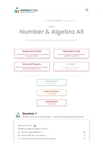 ﻿Revision village Math AA SL - Number and Gebra - Easy Difficulty Question Bank