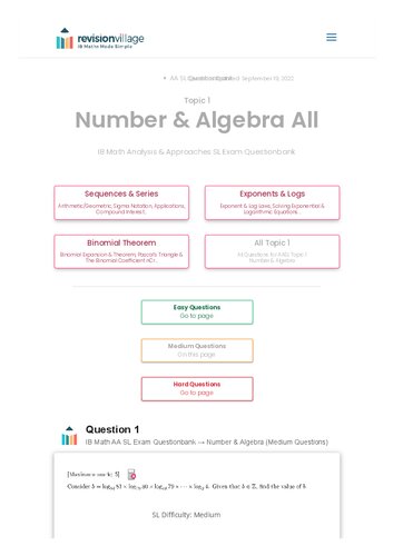 ﻿Revision Village Math AA SL - عدد و جبر - بانک سوالات سختی متوسط
