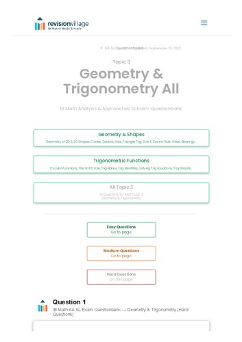﻿Revision Village Math AA SL - هندسه و مثلثات - بانک سوالات سختی سخت