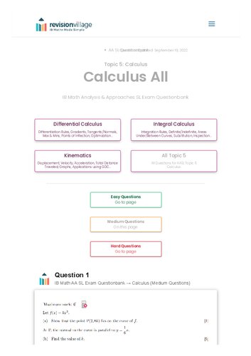 ﻿Revision village Math AA SL - حساب دیفرانسیل و انتگرال - بانک سوالات با مشکل متوسط